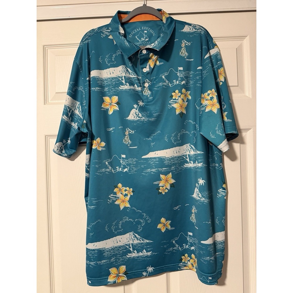 OGA Oahu Golf Polo‎ Shirt Teal Hawaiian  Aloha 2XL Plumeria Floral Diamond Head